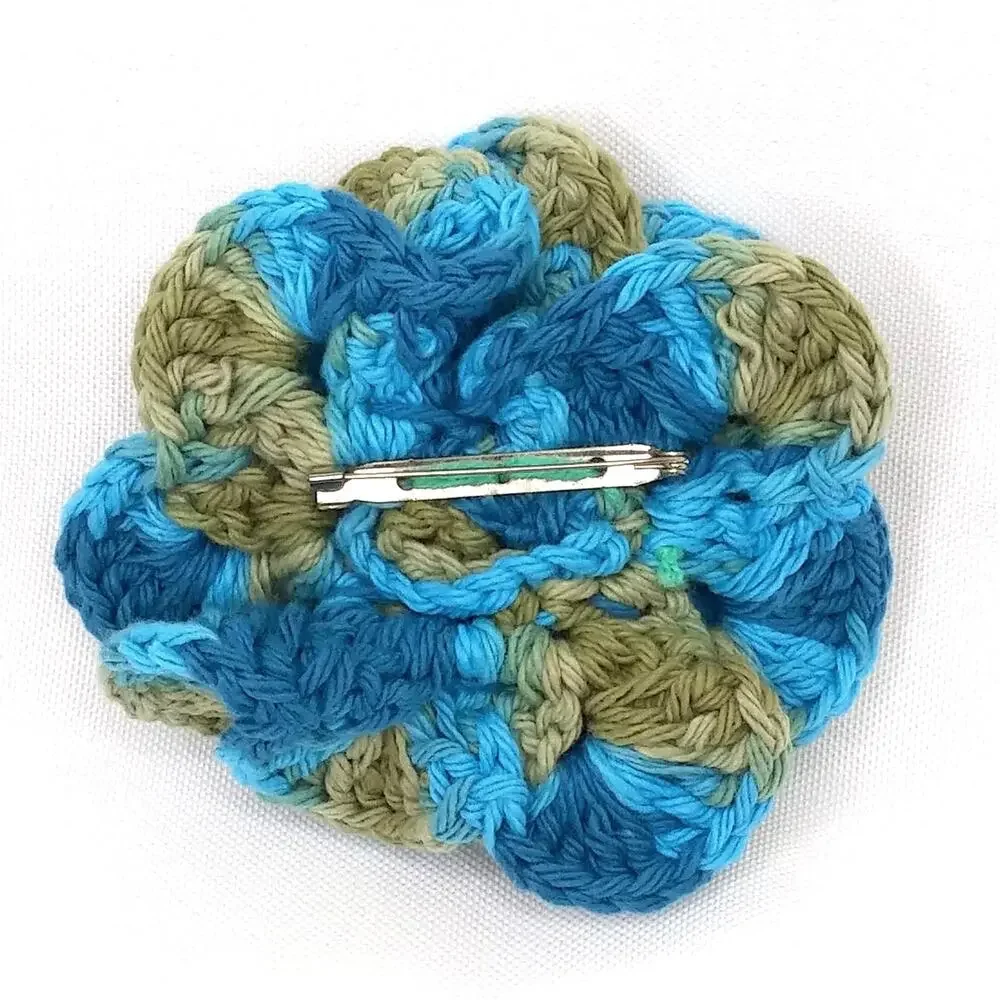 Layered Crochet Flower Brooch Handmade 3D Petals Vibrant Pin Ocean Blue Olive